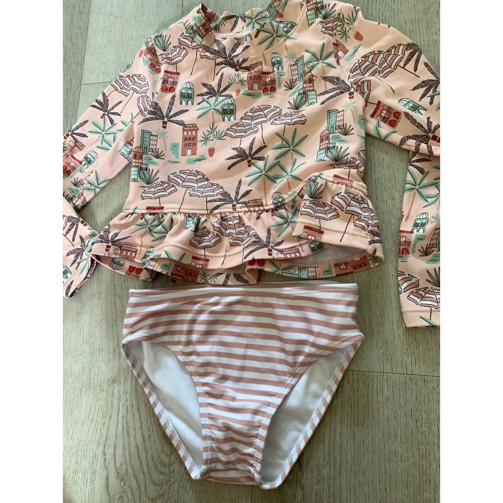 Janie and Jack Kids Peach Pink Mediterranean Print Rash Guard Swimsuit‎ Set 3